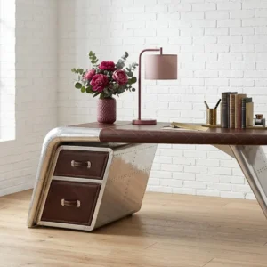 Aviator Wing Desk with Leather Accents Handcrafted Aluminum Executive Desk Industrial Aviation Office Furniture