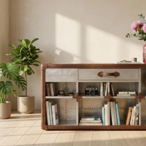 Aviator Bookcase, Hand-Beaten Aluminum, Home Office Shelf with One Drawers