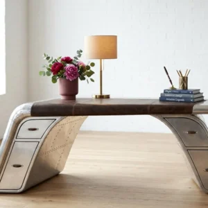 Aviator Wing Desk Aluminum, Hardwood, Industrial Pilot Writing Table Home Decor