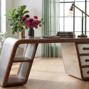 Aviator Wing Desk with Leather Accents Handcrafted Aluminum Executive Desk Industrial Aviation Office Furniture