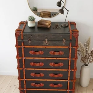 Industrial Trunk Dresser – Handcrafted Wood, Leather Straps, Vintage Style Storage Chest