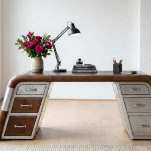Aviator Executive Desk, Industrial Aluminum & Leather Workstation, Pilot Inspired Office Furniture