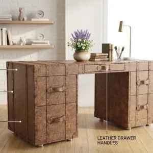 Leather Writing Desk with Storage Drawers, Brass Accents, Hardwood Construction Aviator