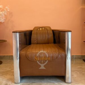 Retro Riveted Aviator Sofa Chair, Genuine Leather and Aluminum Accents
