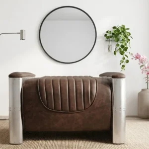 Aviator Ottoman Mid-Century Inspired with Leather and Aluminum Finish